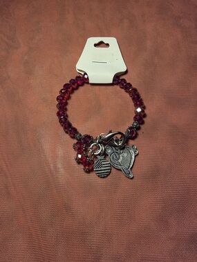 Chubby Chico Red Crystal Beaded Charm Bracelet with Heart & Flag Charms